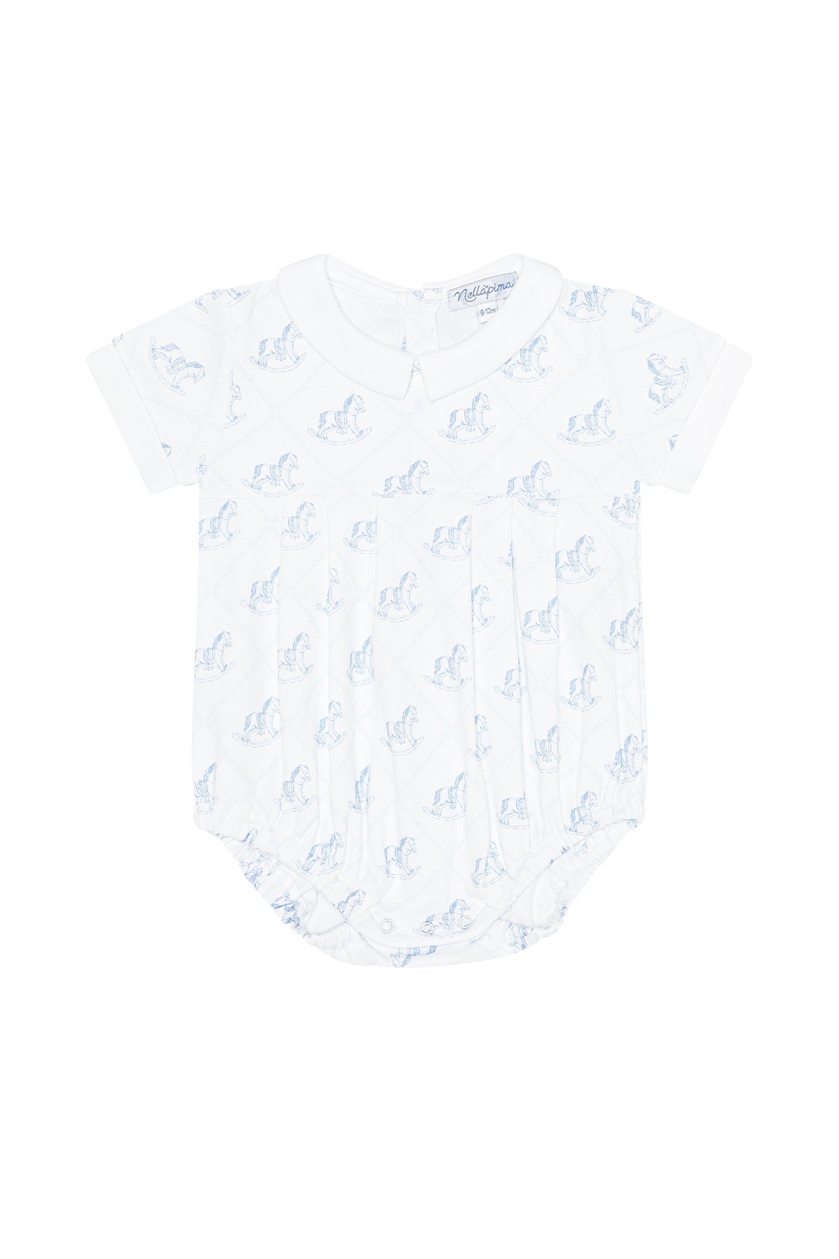 Baby romper with blue floral pattern on a white background