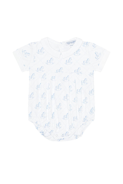 Baby romper with blue floral pattern on a white background