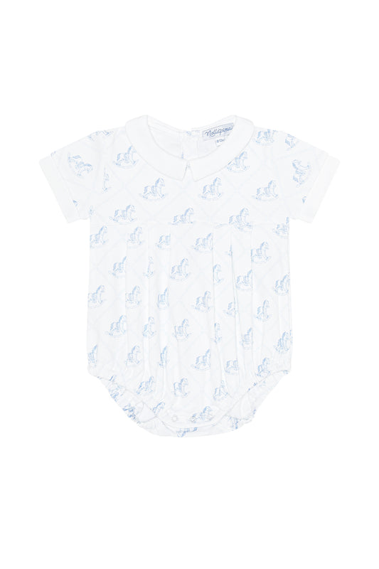 Baby romper with blue floral pattern on a white background