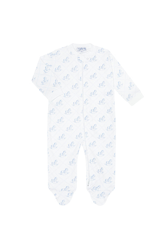 White baby onesie with blue rocking horse pattern on a white background