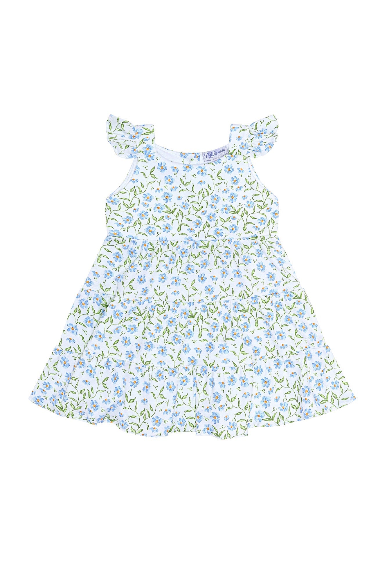 Blue Vines Print Sleeveless Ruffle Dress