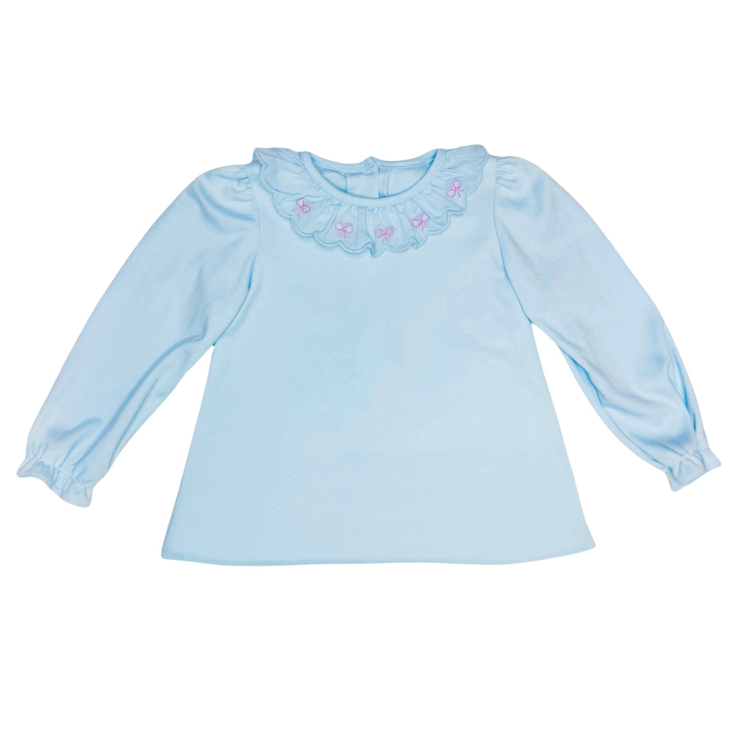 Bow Scalloped Blouse, Light Blue Knit