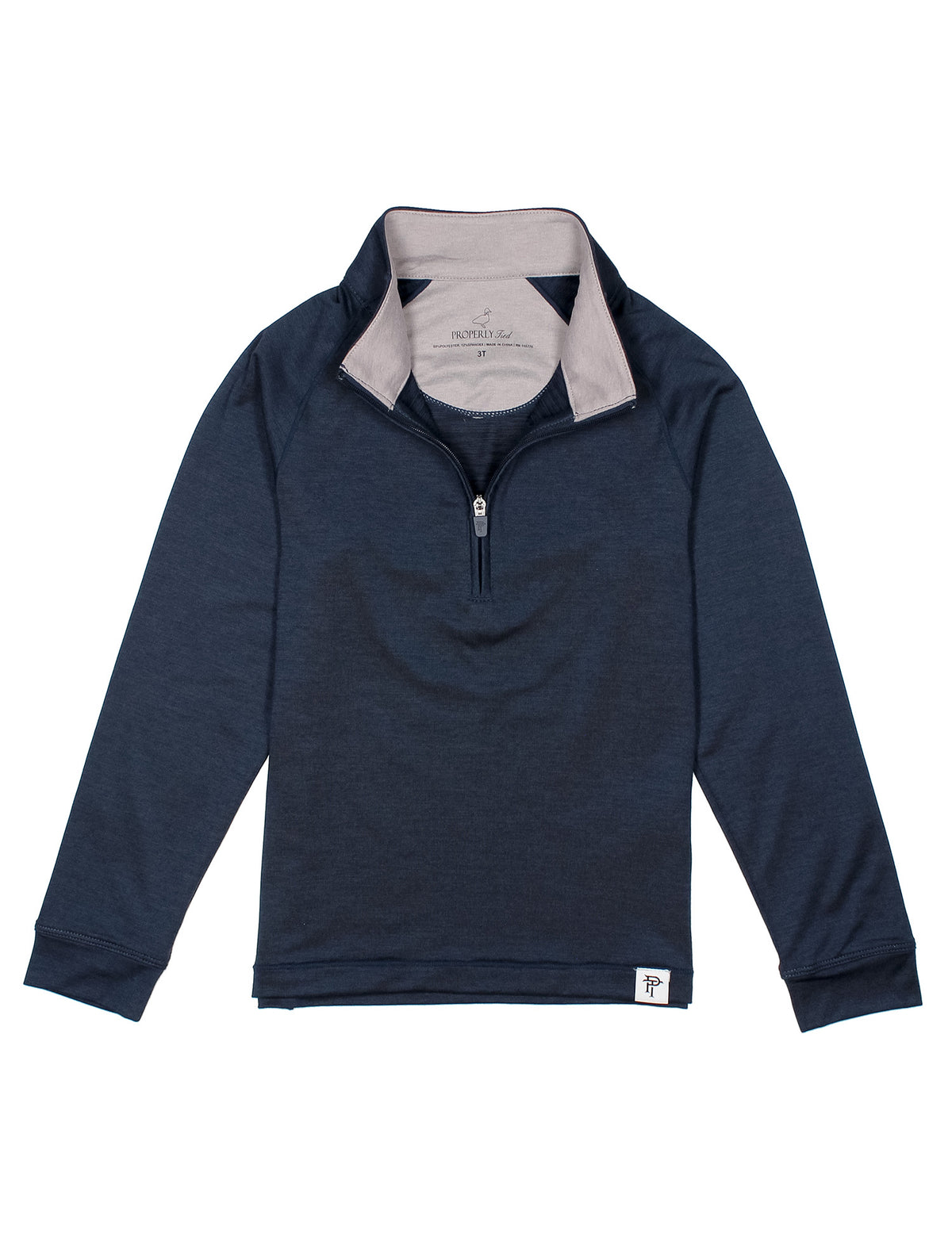 Navy pullover with gray collar on a white background