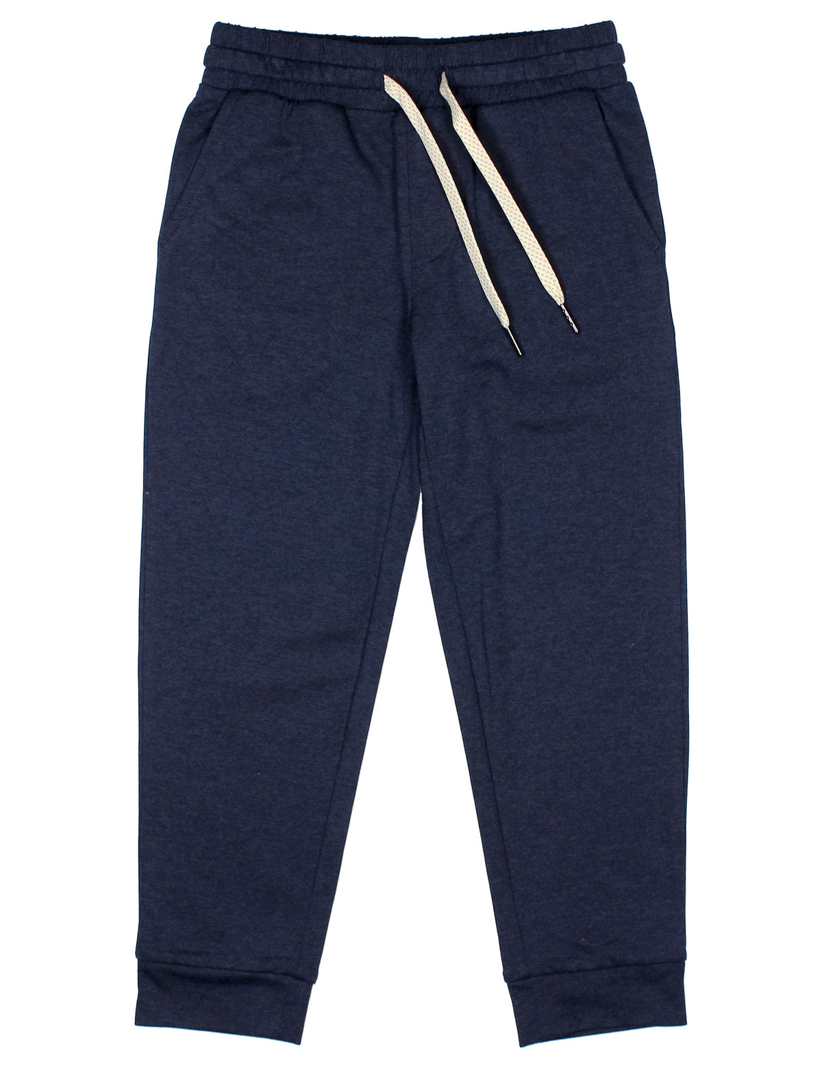 Navy blue sweatpants with drawstring on a white background