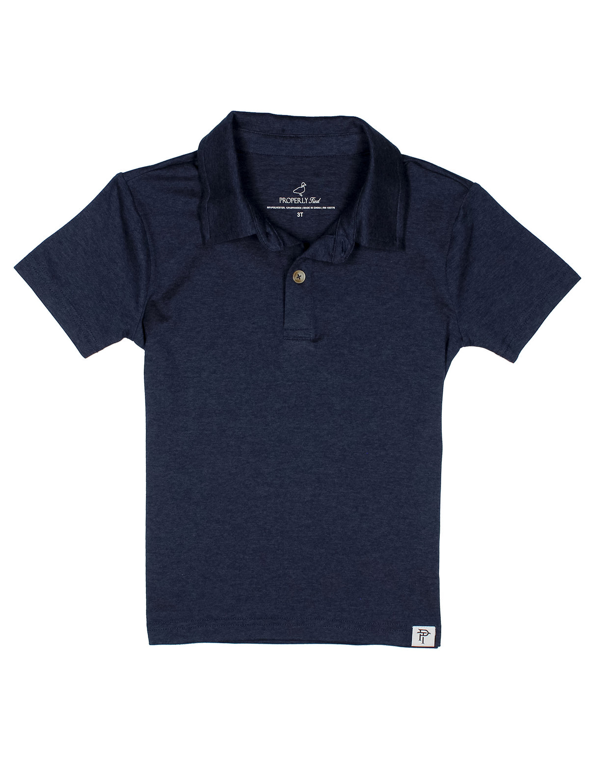 Navy blue polo shirt on a white background