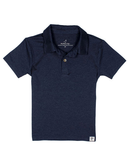 Navy blue polo shirt on a white background