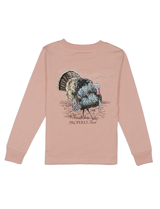 Pink long-sleeve shirt with a turkey graphic on a white background