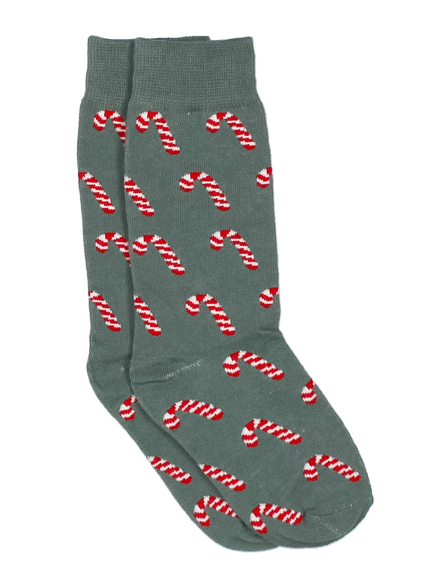 Green socks with candy cane pattern on a white background