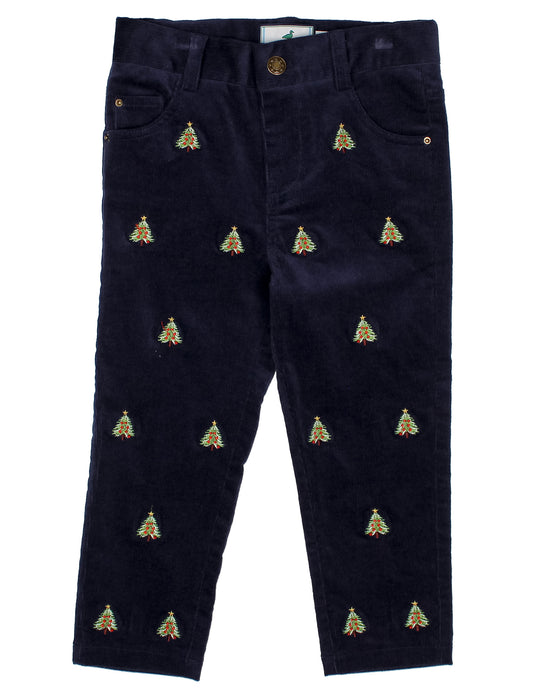 Navy blue pants with embroidered green trees on a white background