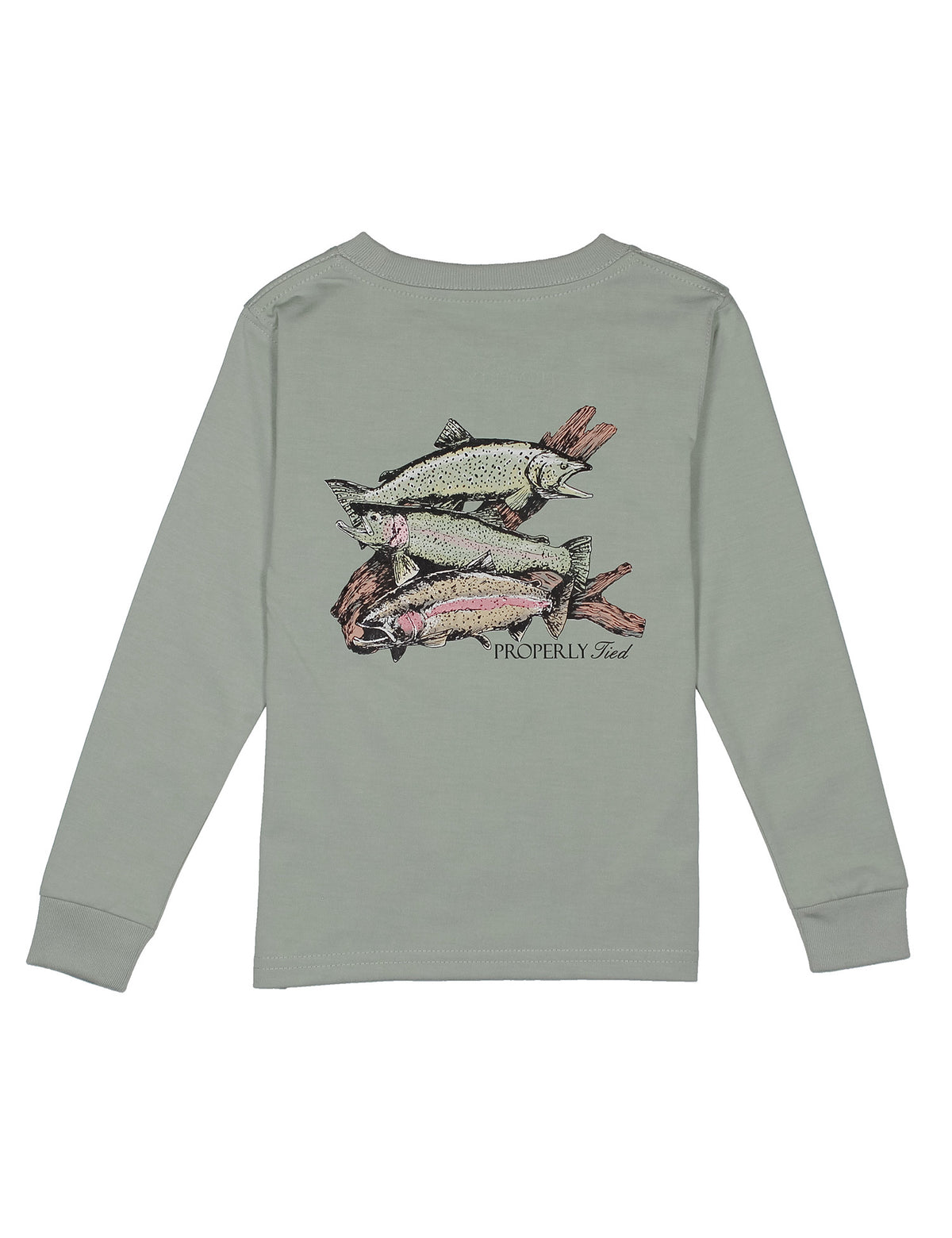 Light gray long-sleeve shirt with fish graphic on the back against a white background