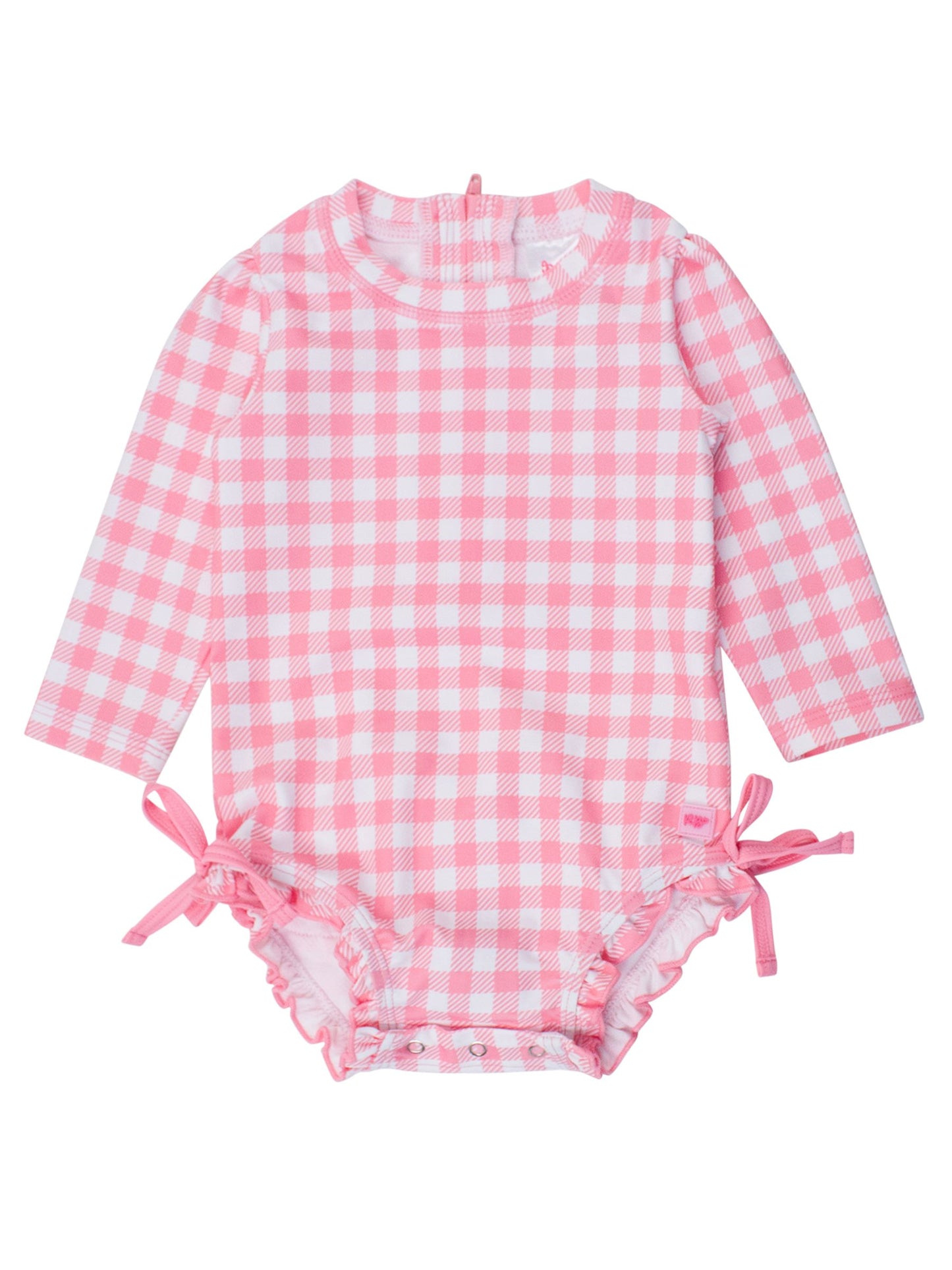 A pink and white gingham one piece rash guard for babies, with bows at the hip and snaps on the bottom.