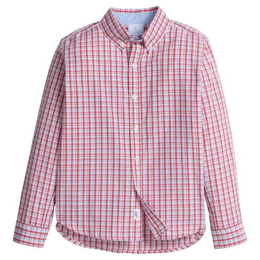 Little English classic button down for boys. Red, white, & light blue plaid button down shirt for Fall. Back to school outfit.