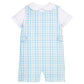 Little English traditional children's clothing.  Classic button tab john john set for toddler boys with white peter pan short-sleeve shirt and aqua and green plaid john john