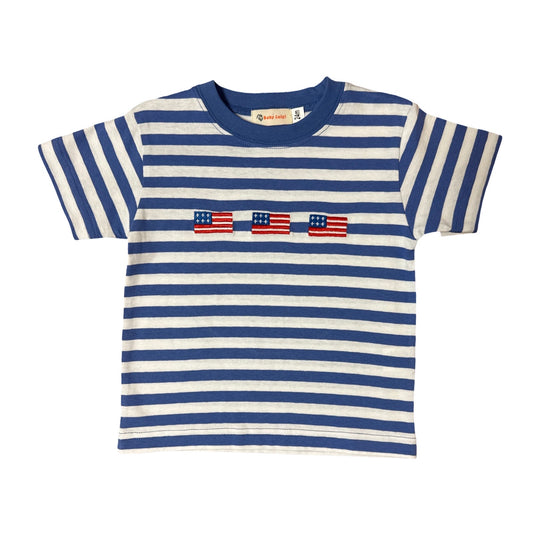 Boy's Short Sleeve 3 Flags Embroidered Blue Stripe T-Shirt