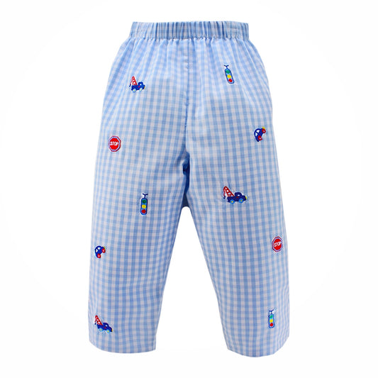 Leo Pants Gingham Check with Embroidered Traffic Symbols