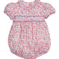 Little English traditional children's clothing.  Soft blue and Nantucket red Lennox Floral short sleeve bubble for baby girls with ruffle collar and blue piping detail at sleeves and chest