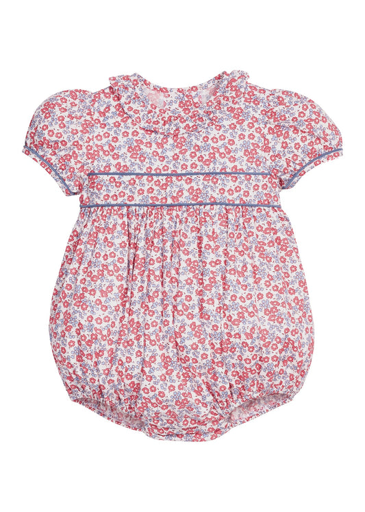 Little English traditional children's clothing.  Soft blue and Nantucket red Lennox Floral short sleeve bubble for baby girls with ruffle collar and blue piping detail at sleeves and chest