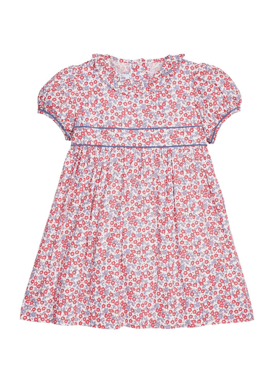Little English traditional children's clothing.  Soft blue and Nantucket red Lennox Floral short sleeve dress for little girls with ruffle collar and blue piping detail at sleeves and chest
