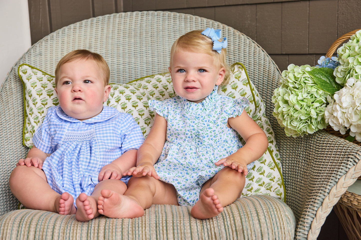 Little English traditional children's clothing.  Classic peter pan bubble for baby boys in blue Mayfair Gingham with smocking at the chest