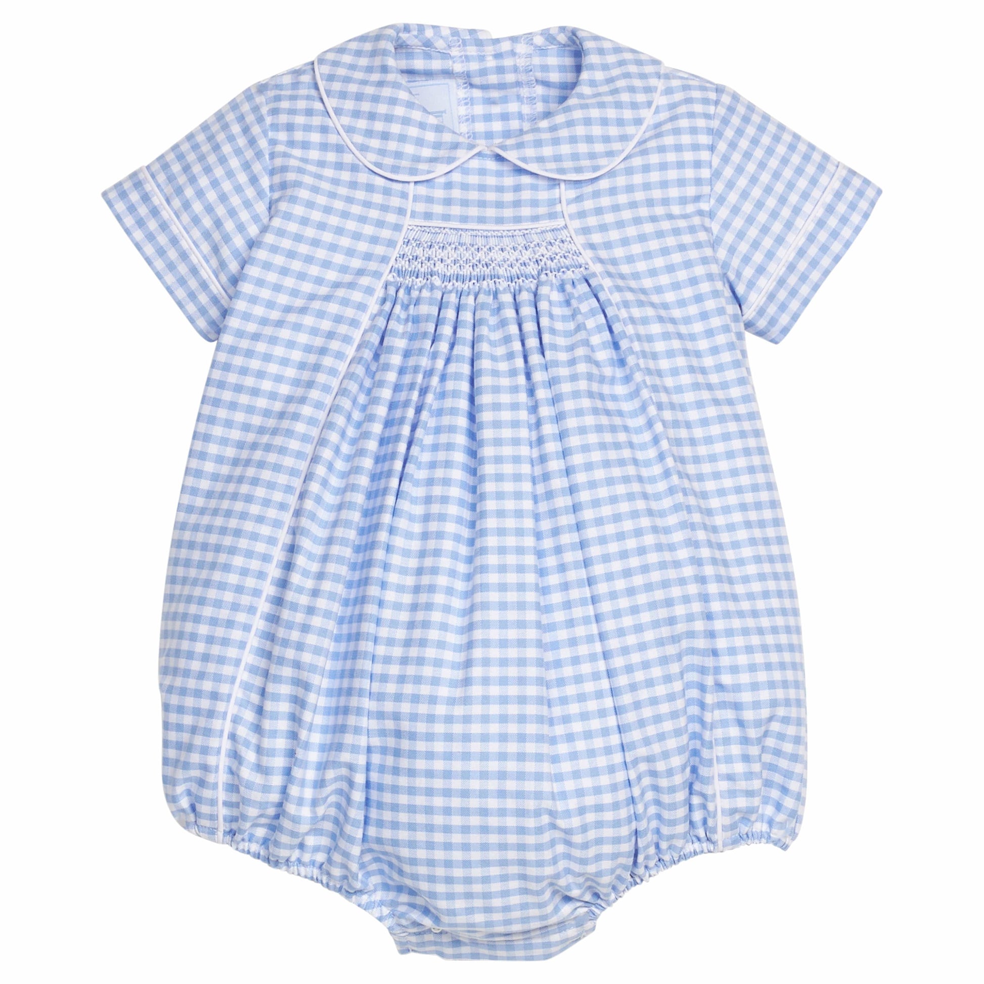 Little English traditional children's clothing.  Classic peter pan bubble for baby boys in blue Mayfair Gingham with smocking at the chest