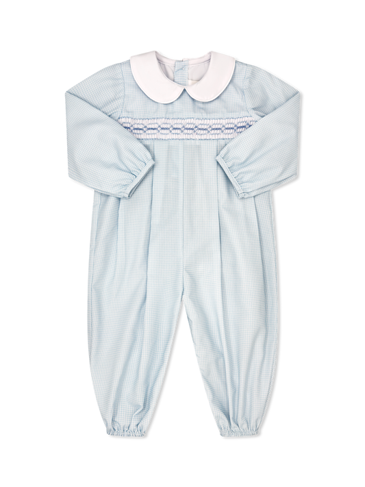 Christopher Romper Long Sleeve, Baby Blue Minigingham