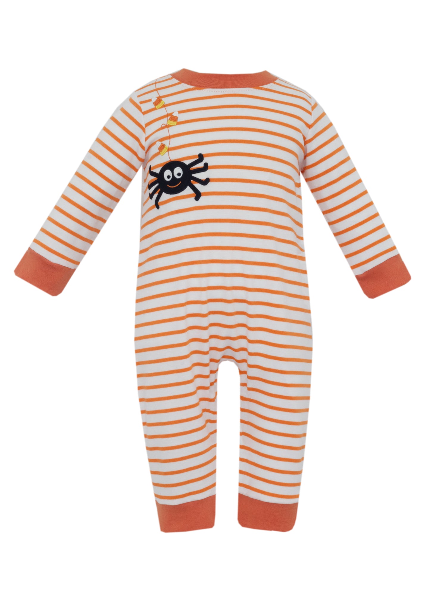 Striped baby onesie with spider design on a white background