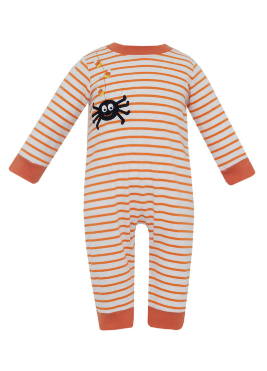 Striped baby onesie with spider design on a white background