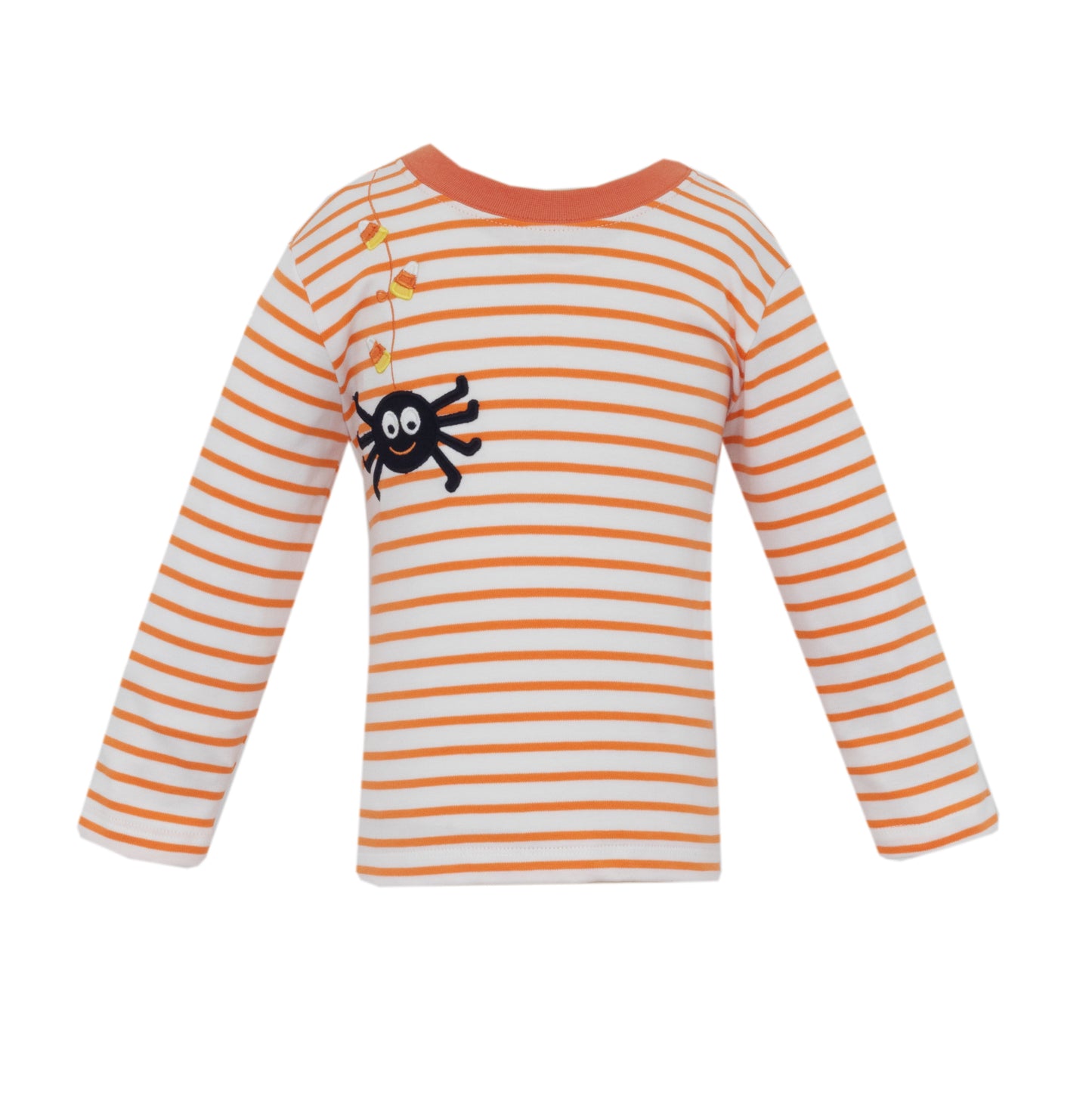 Orange and white striped long-sleeve shirt with a spider design on a white background