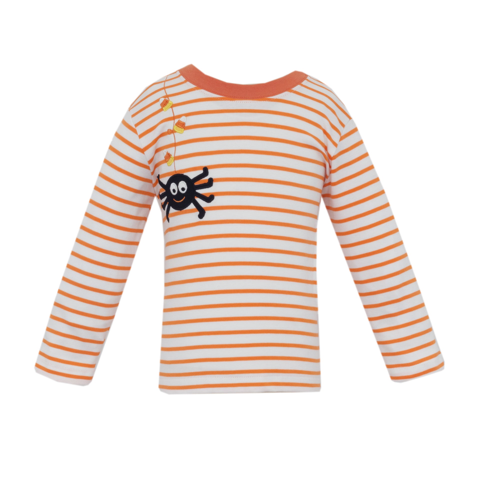 Orange and white striped long-sleeve shirt with a spider design on a white background