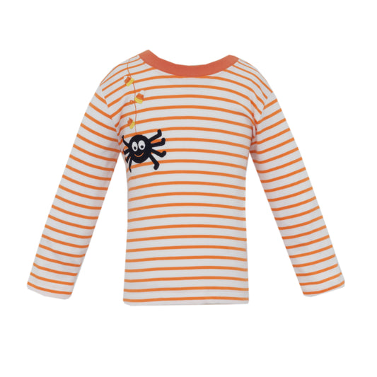 Orange and white striped long-sleeve shirt with a spider design on a white background