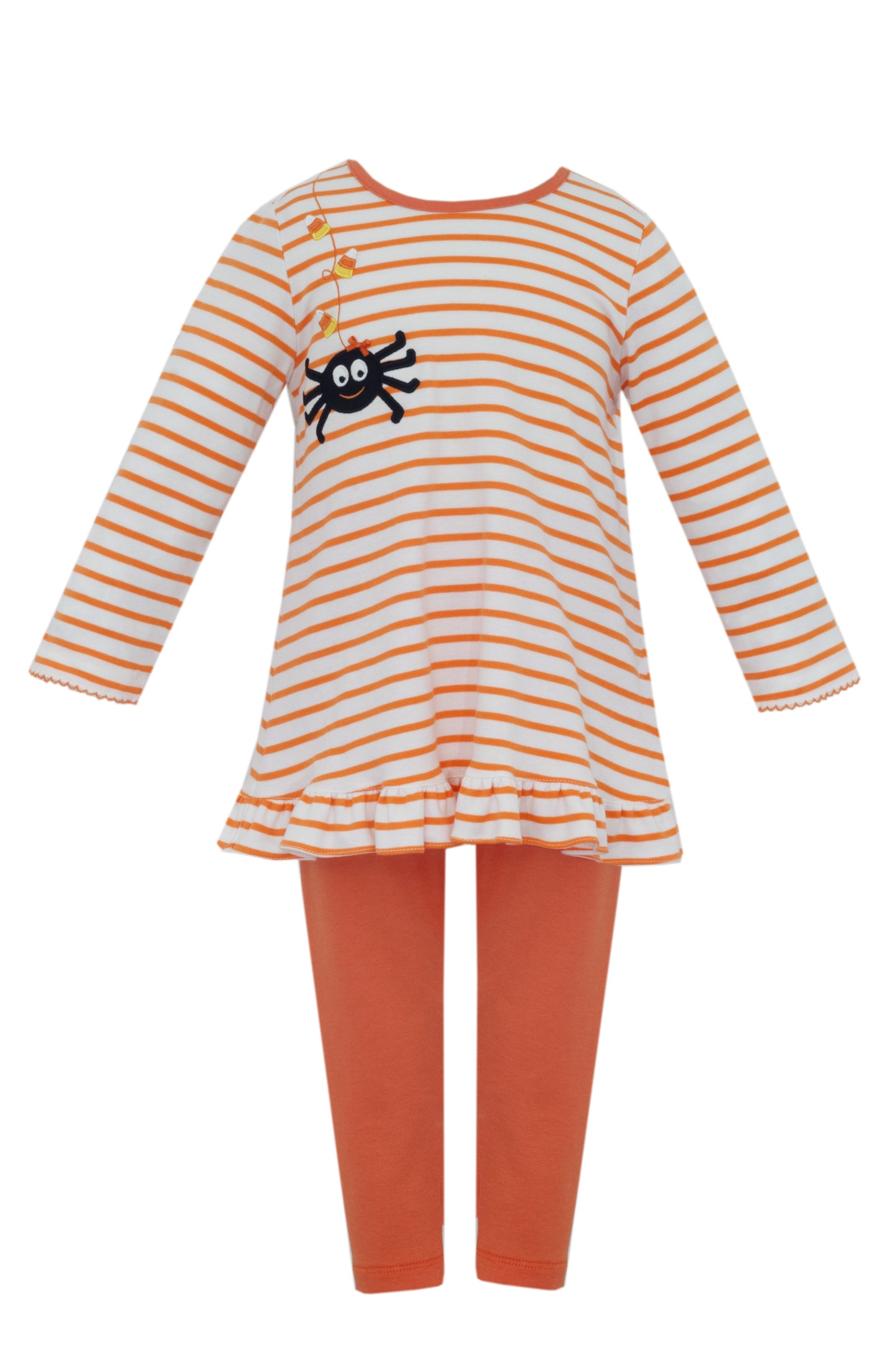 Children's outfit with striped dress and leggings on a white background