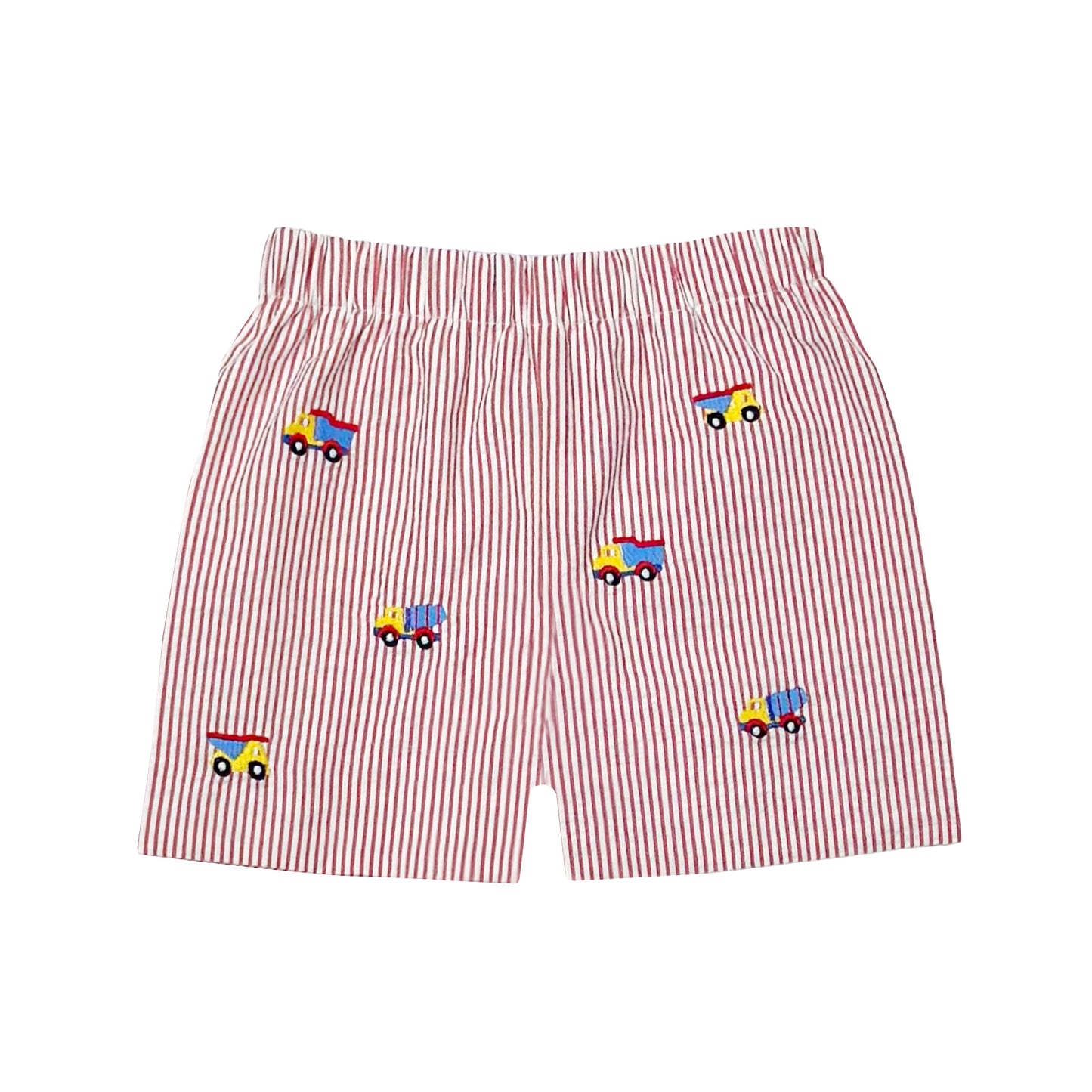 Construction Embroidered Red Stripe Seersucker Leo Shorts