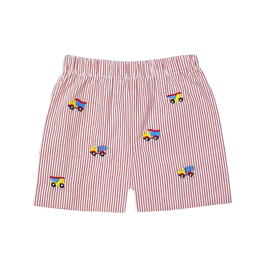 Construction Embroidered Red Stripe Seersucker Leo Shorts