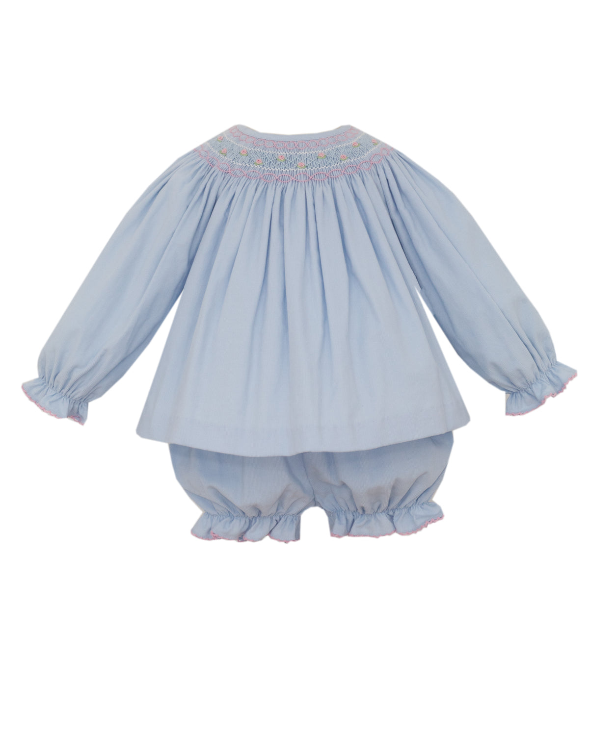 Light blue baby outfit with smocked top and bloomers on a white background
