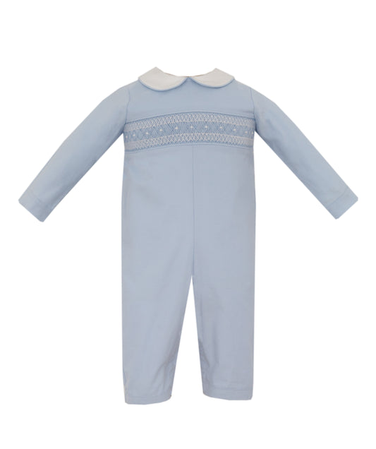 Light blue baby romper with white trim on a white background