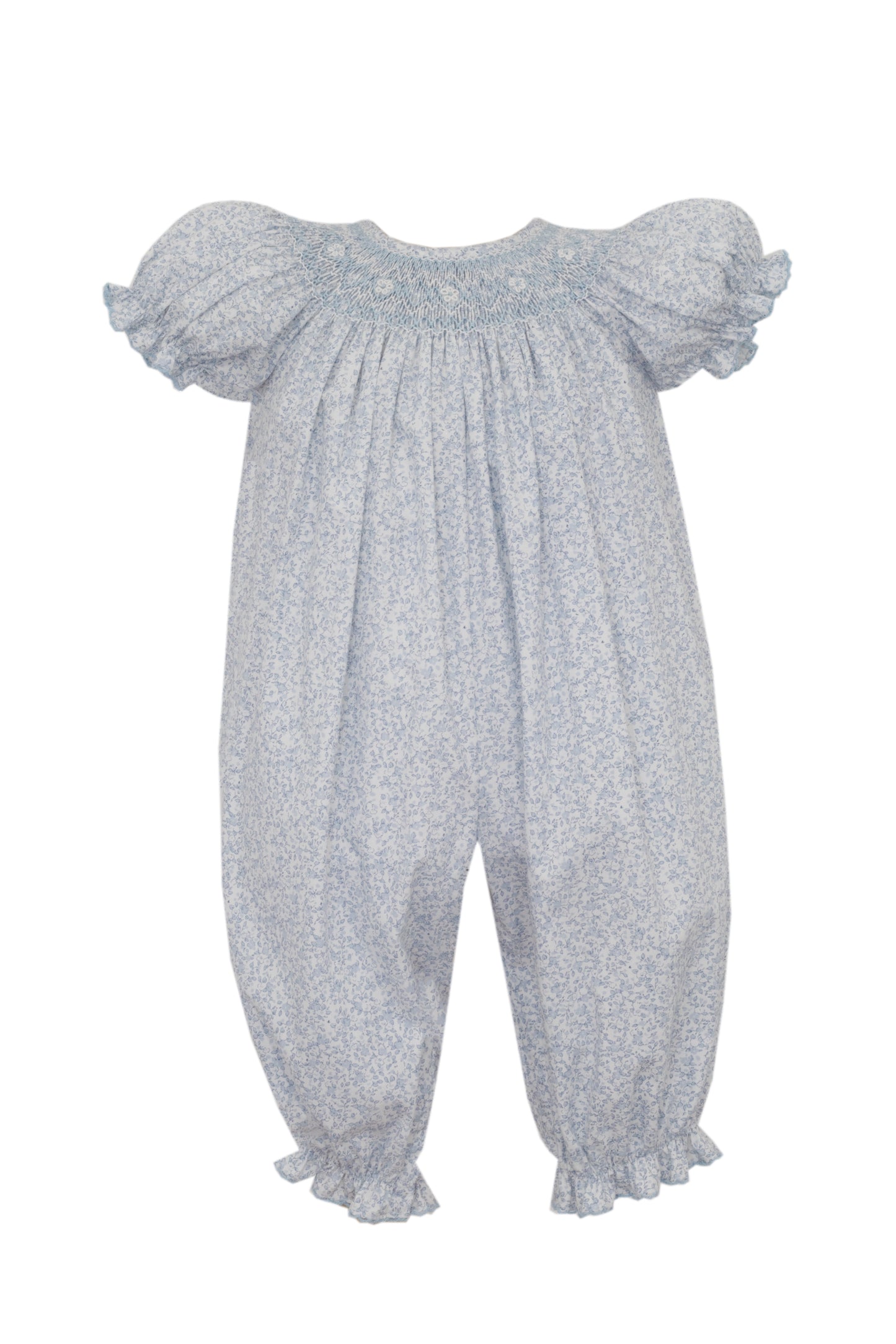 Light blue baby romper with ruffled sleeves on a white background