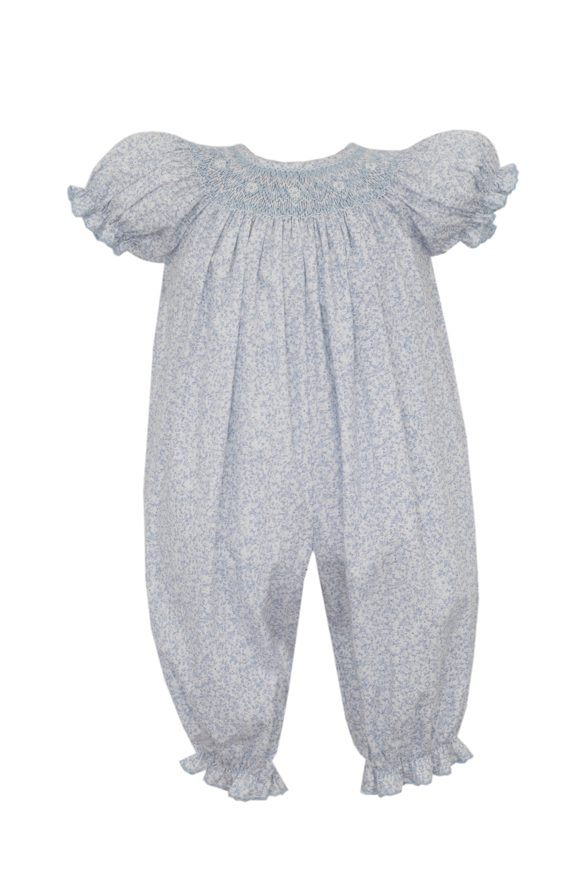 Light blue baby romper with ruffled sleeves on a white background