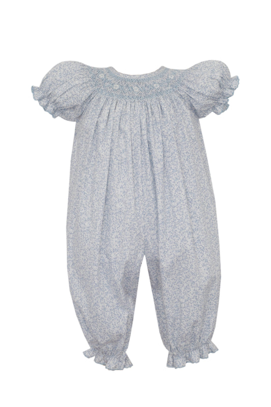 Light blue baby romper with ruffled sleeves on a white background