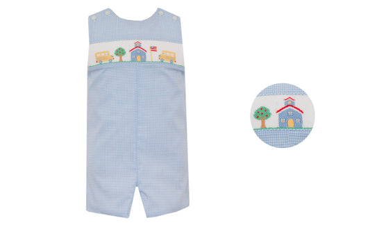 Children's blue checkered romper with embroidered design on a white background