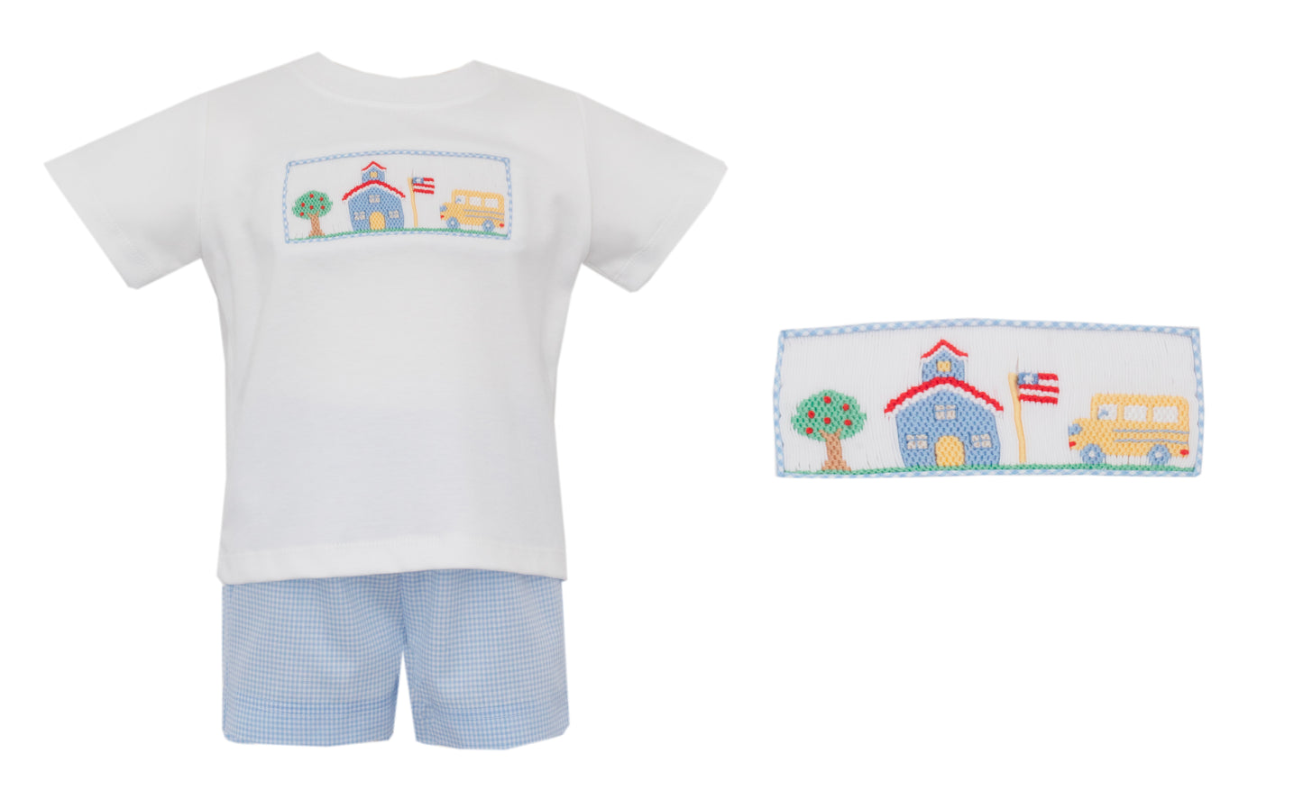 Children's outfit with t-shirt and shorts featuring a school-themed design on a white background