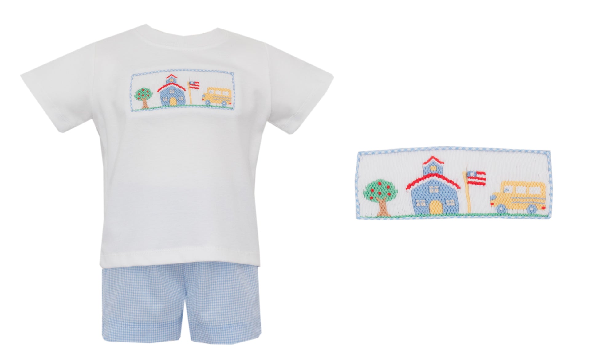 Children's outfit with t-shirt and shorts featuring a school-themed design on a white background
