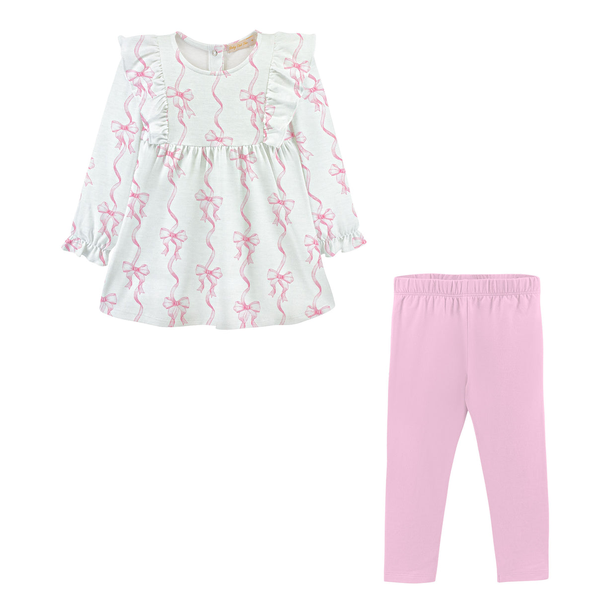 Children's outfit with a white top with pink patterns and pink pants on a white background