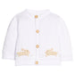 Little English Classic crochet cardigan featuring wooden buttons down front and crochet bunny motifs, for little boy or girl 