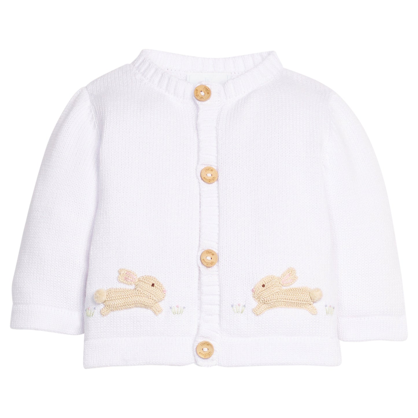 Little English Classic crochet cardigan featuring wooden buttons down front and crochet bunny motifs, for little boy or girl 