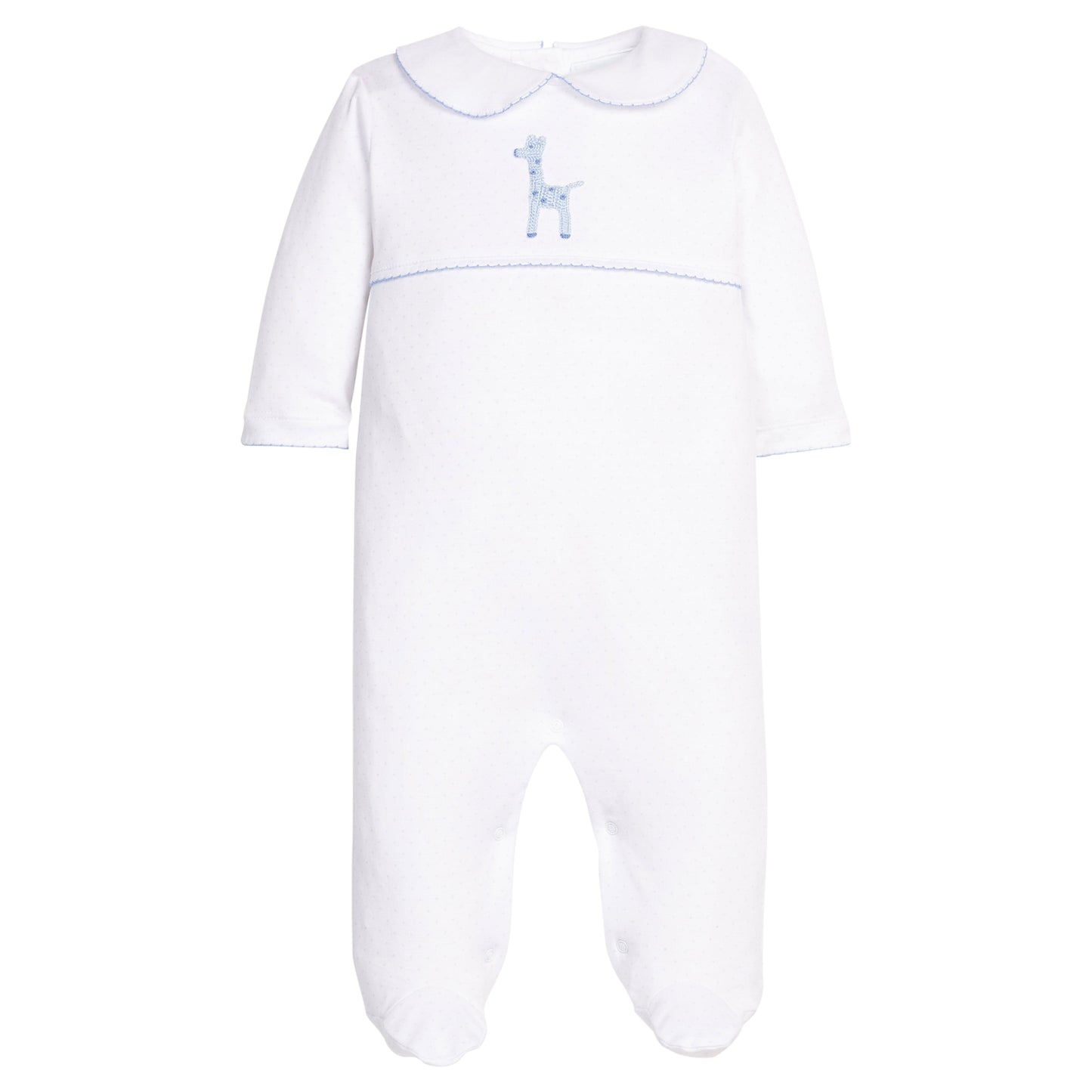 Little english classic twill footie with crochet blue giraffe motif on chest, for little boy 