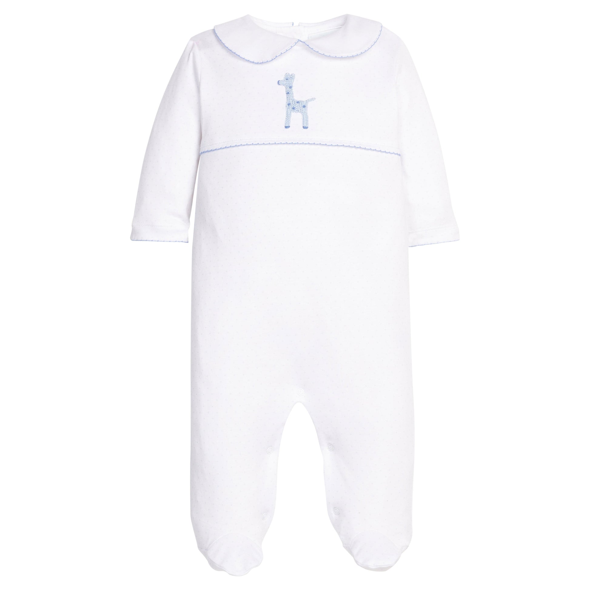 Little english classic twill footie with crochet blue giraffe motif on chest, for little boy 