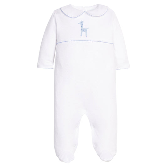 Little english classic twill footie with crochet blue giraffe motif on chest, for little boy 