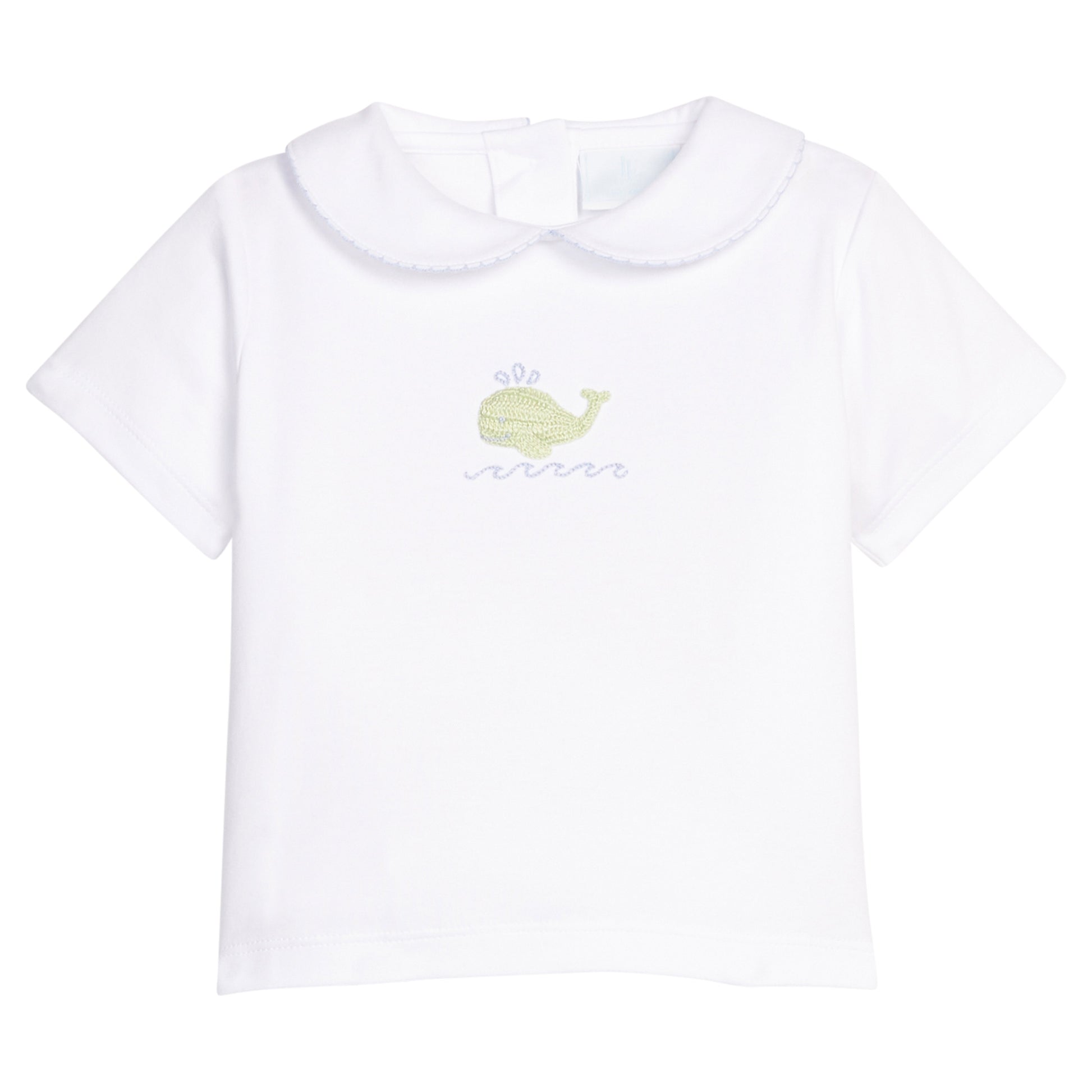 Little English classic crochet peter pan shirt with blue whale motif on chest, for little boy 