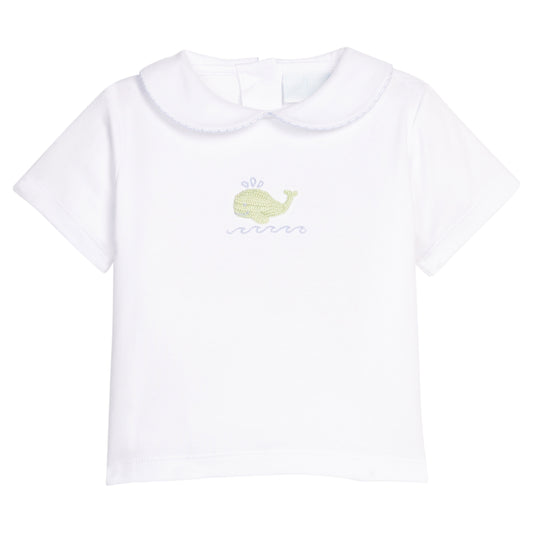 Little English classic crochet peter pan shirt with blue whale motif on chest, for little boy 