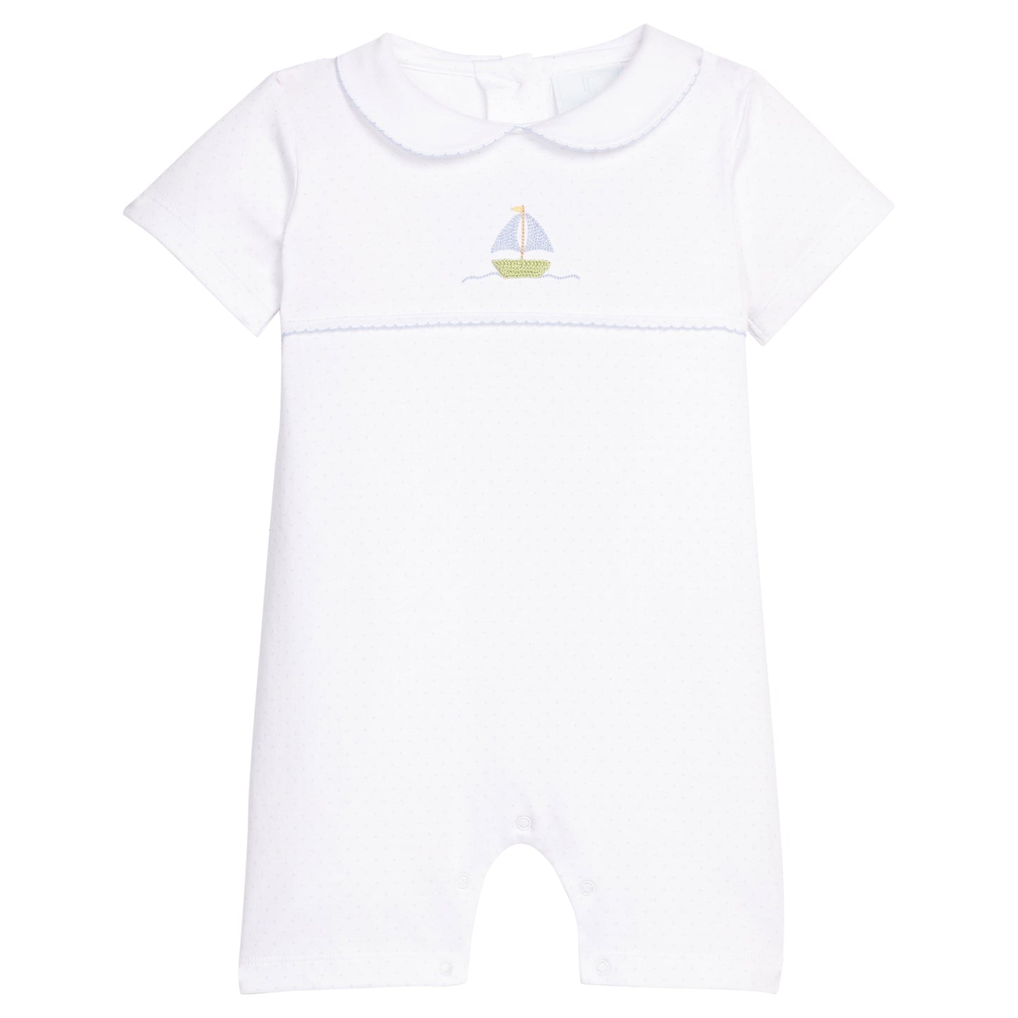 Little English classic ream romper with light blue polka dots and a crochet sailboat motif on chest, for baby boy 